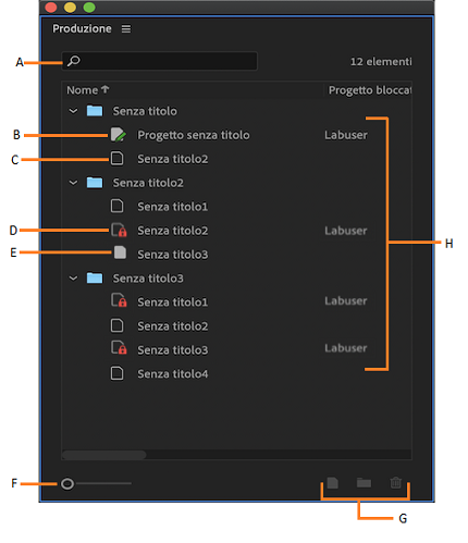 Interfaccia del pannello Produzione