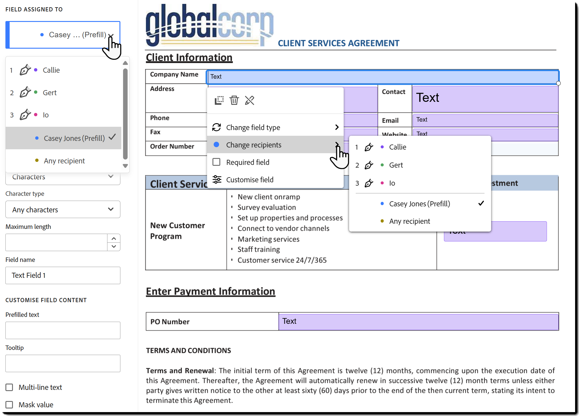 Modificare il destinatario del campo