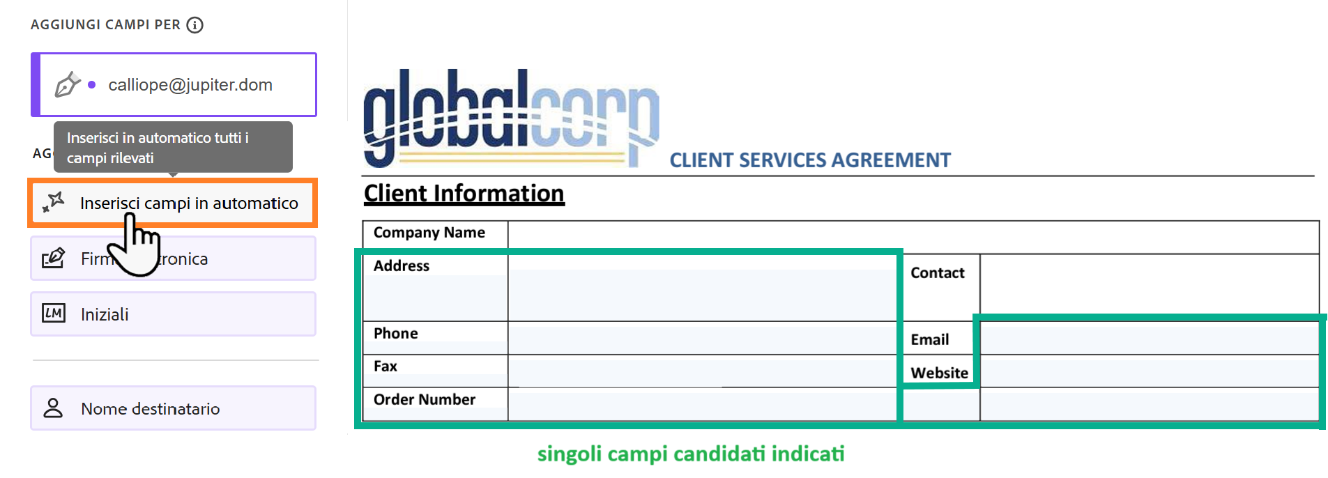 Ambiente di authoring in cui sono evidenziati il pulsante di compilazione automatica e diversi campi candidati.