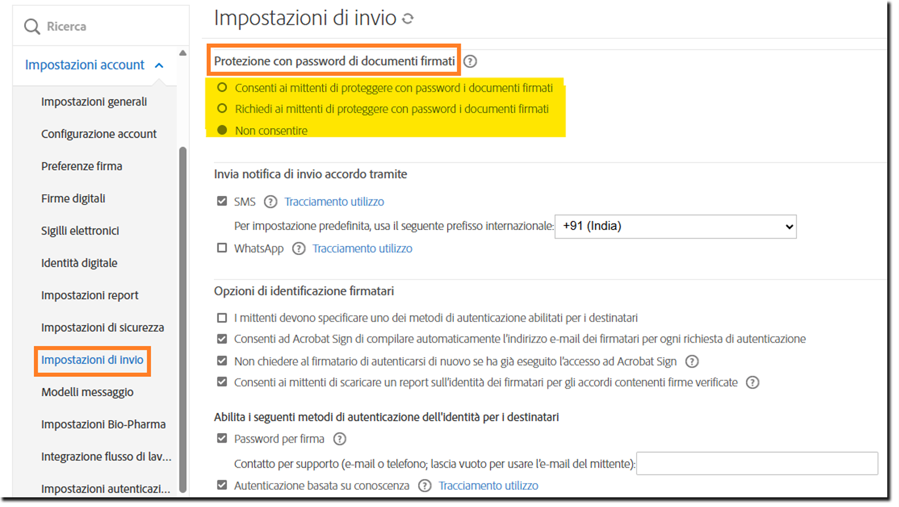 Menu Impostazioni di invio nei Controlli amministrazione in cui sono evidenziati i controlli di Protezione con password per documenti firmati.
