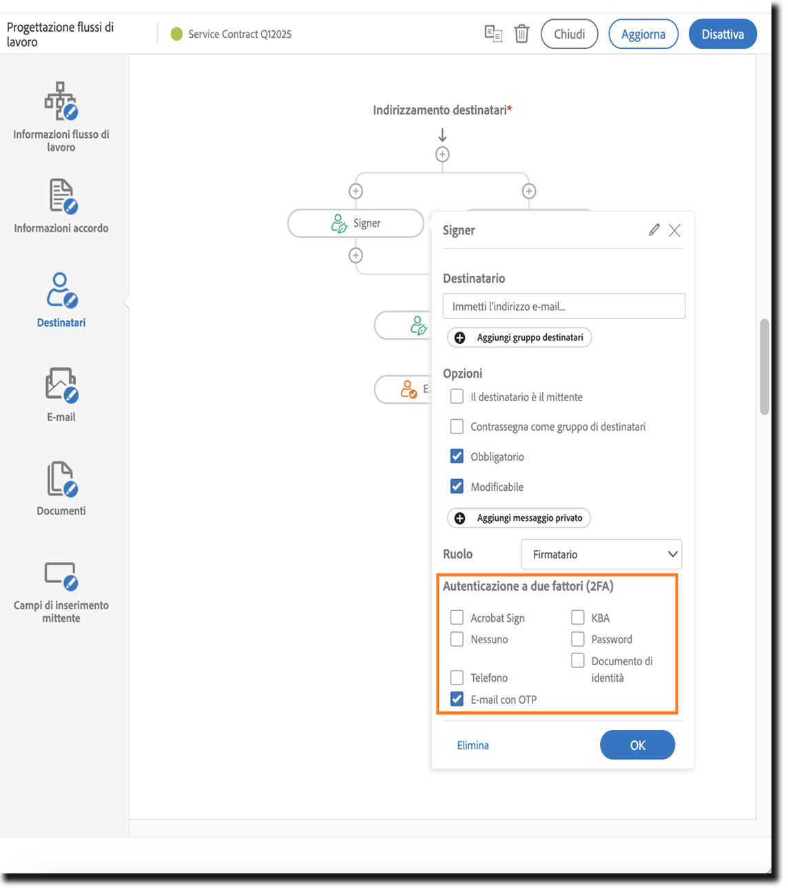 Scheda Destinatario con le proprietà del firmatario esposte e le opzioni di autenticazione evidenziate