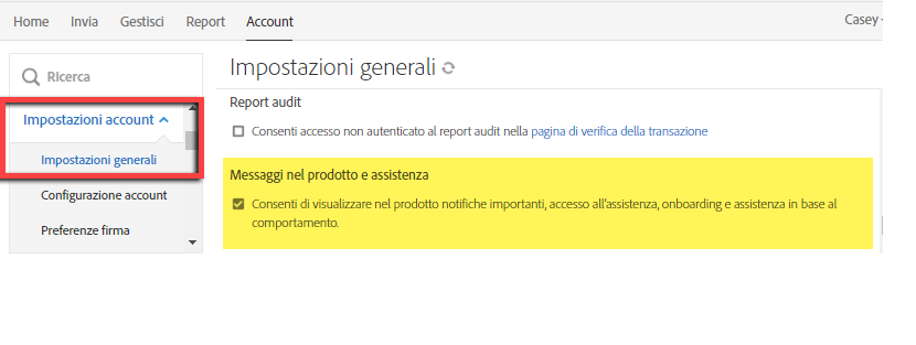 Opzioni per messaggi nel prodotto