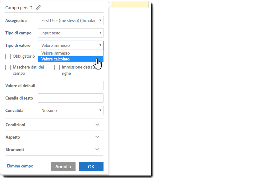 Campo Tipo di valore
