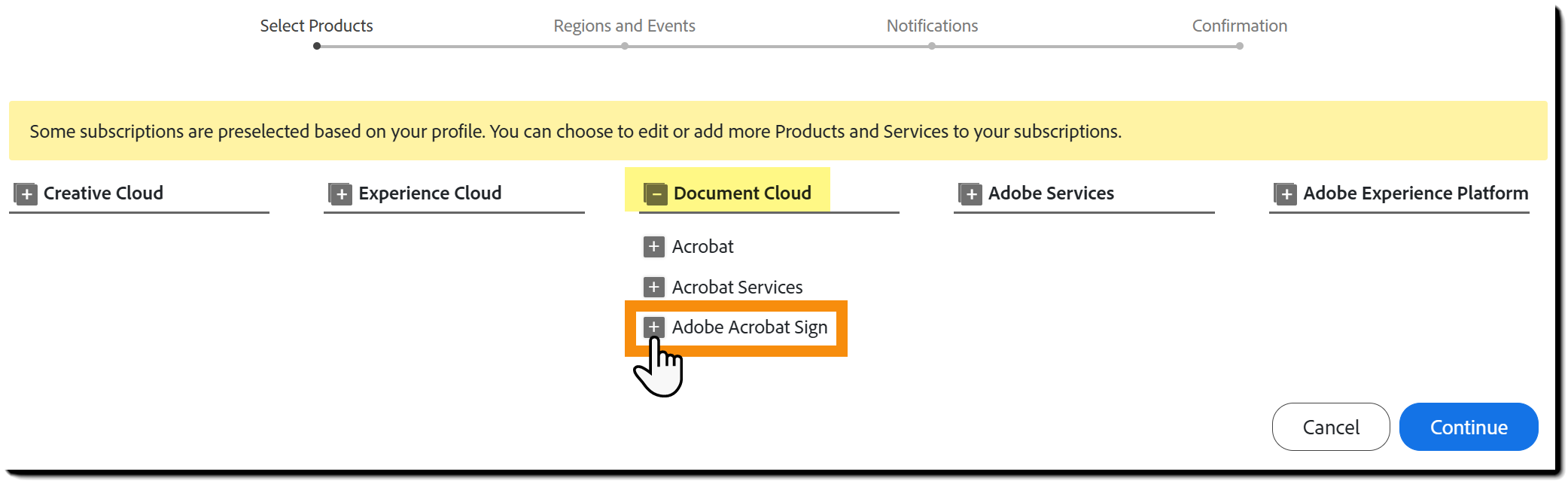 Pagina di abbonamento webhook con Acrobat Sign evidenziato.