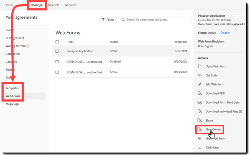Passa all’azione Nuovo proprietario