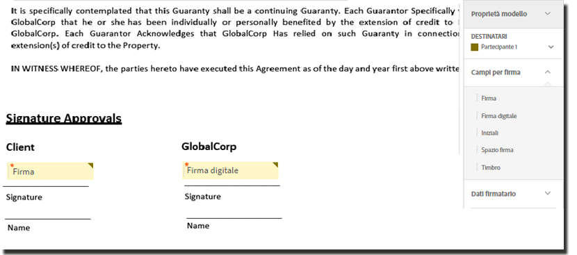 Ambiente di authoring con trascinamento che mostra sia il campo di firma elettronica che il campo di firma digitale.