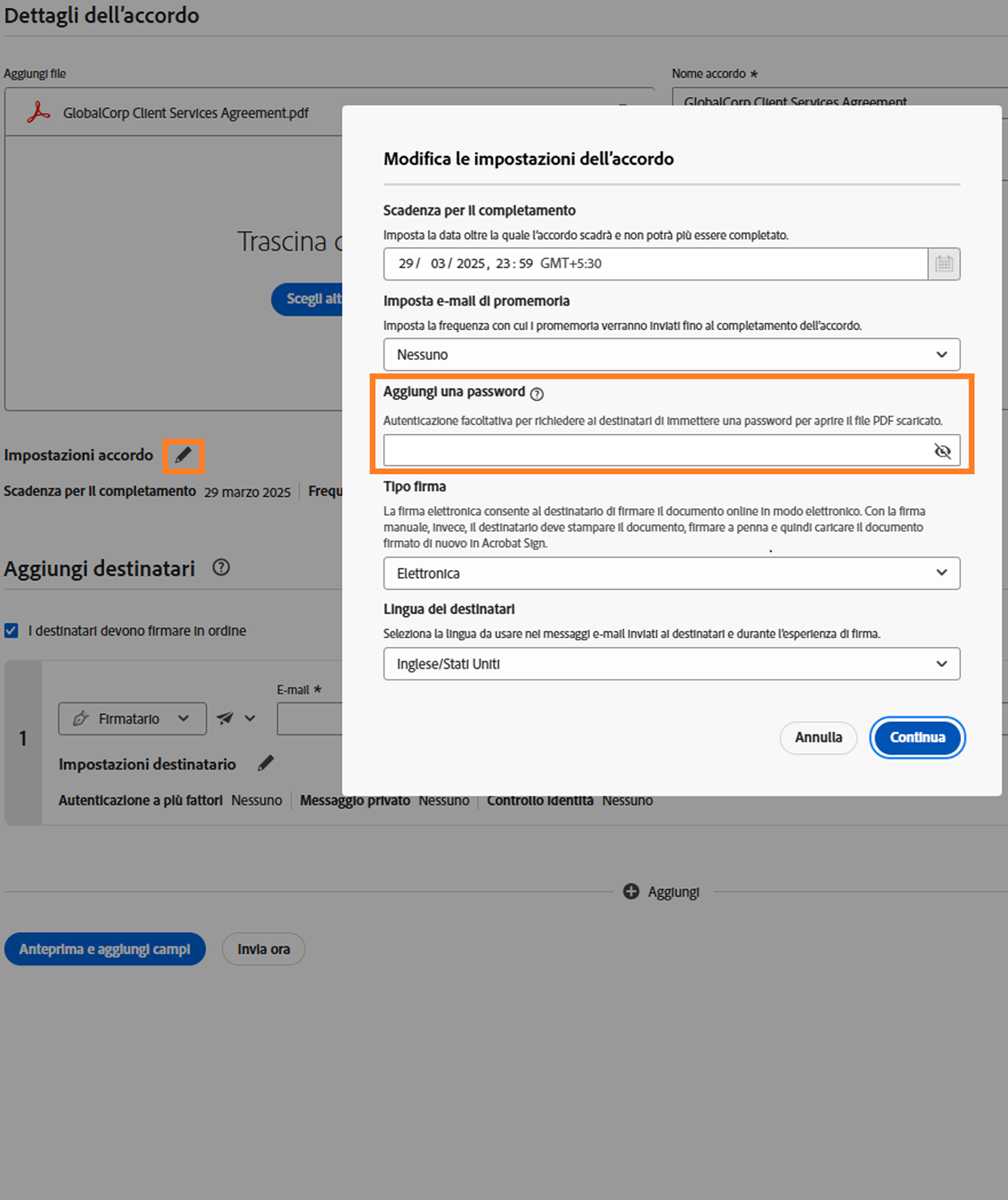 Vista della pagina Richiedi firma in cui è evidenziato il controllo per la password.