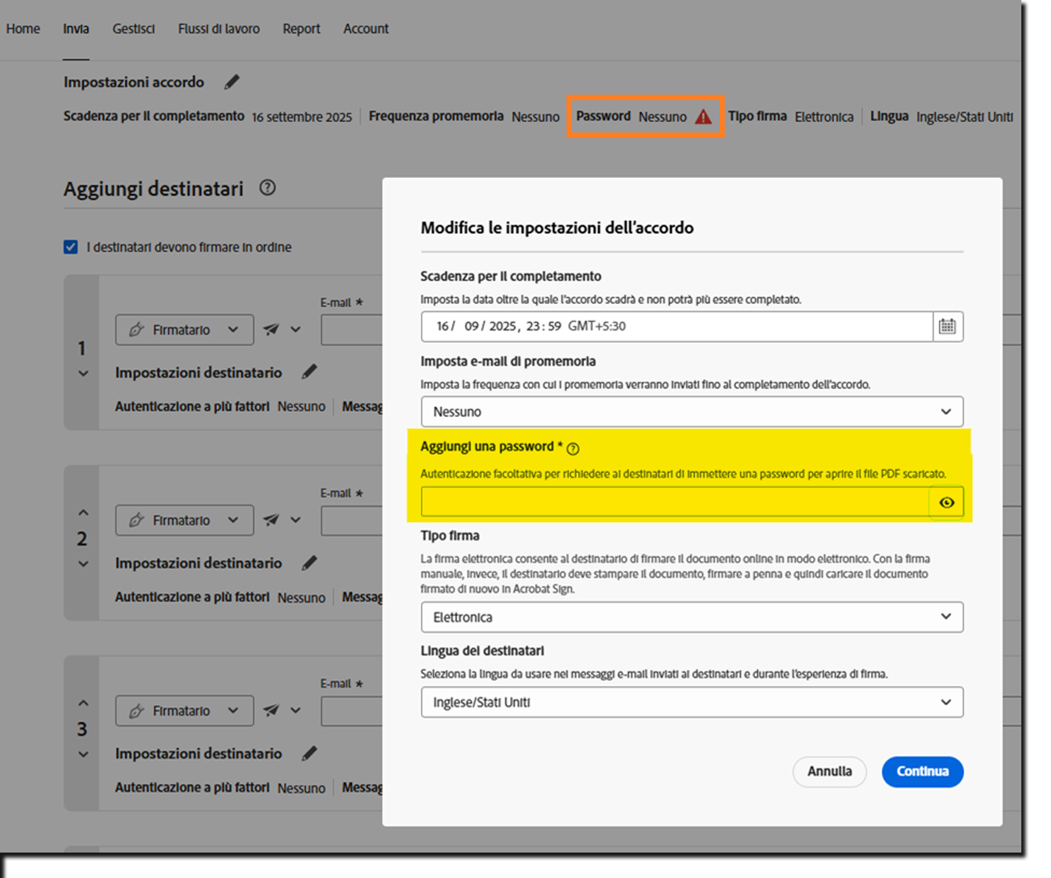 Vista della pagina Richiedi firma in cui è evidenziato il controllo per la password obbligatoria.