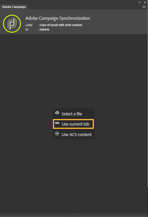 キャンペーンを開く前の Adobe Campaign 拡張機能パネル