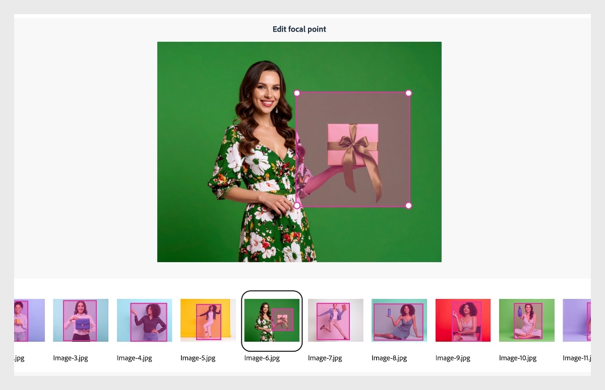 「焦点を編集」ビューが開いており、調整可能な切り抜きオプションが表示されています。 アップロードした画像のリストを使用して、サイズ変更切り抜きボックスを選択および調整できます。