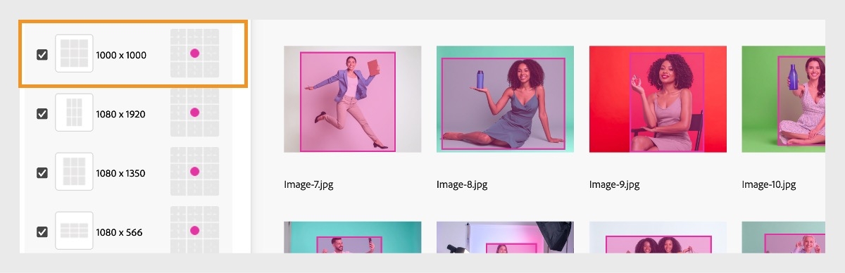 アップロードした画像ごとに構成レイアウトが表示され、ピンク色のドットが画像の焦点を示します。