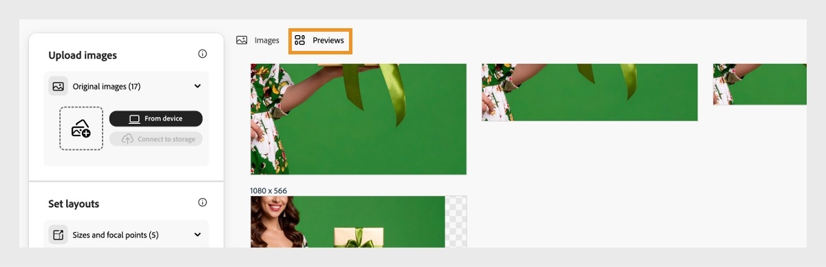 「プレビュー」タブが選択され、サイズ変更された画像のプレビューのリストが表示されています。