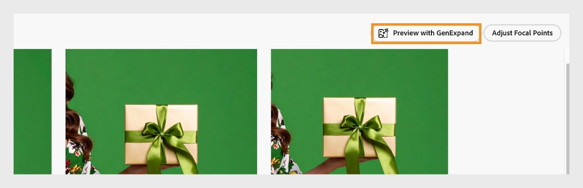 「プレビュー」タブで、焦点と寸法を指定した画像が表示され、「生成拡張でプレビュー」オプションが強調表示されています。