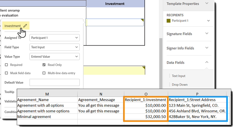 2 つのカスタムフィールド列が追加された CSV ファイルの例