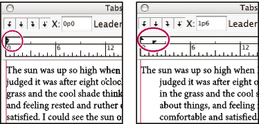 들여쓰지 않은 경우(왼쪽) 및 내어쓴 경우(오른쪽)