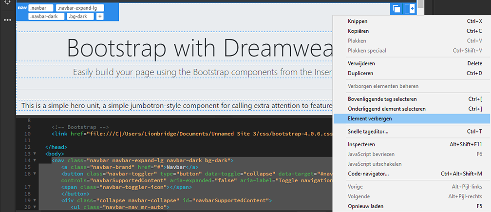 Bootstrap-elementen verbergen in Dreamweaver
