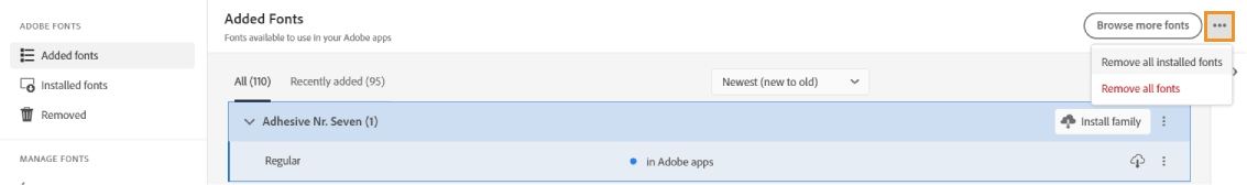 Er worden twee opties voor bulkverwijdering weergegeven waarmee je alle geïnstalleerde lettertypen of alle lettertypen kunt verwijderen.