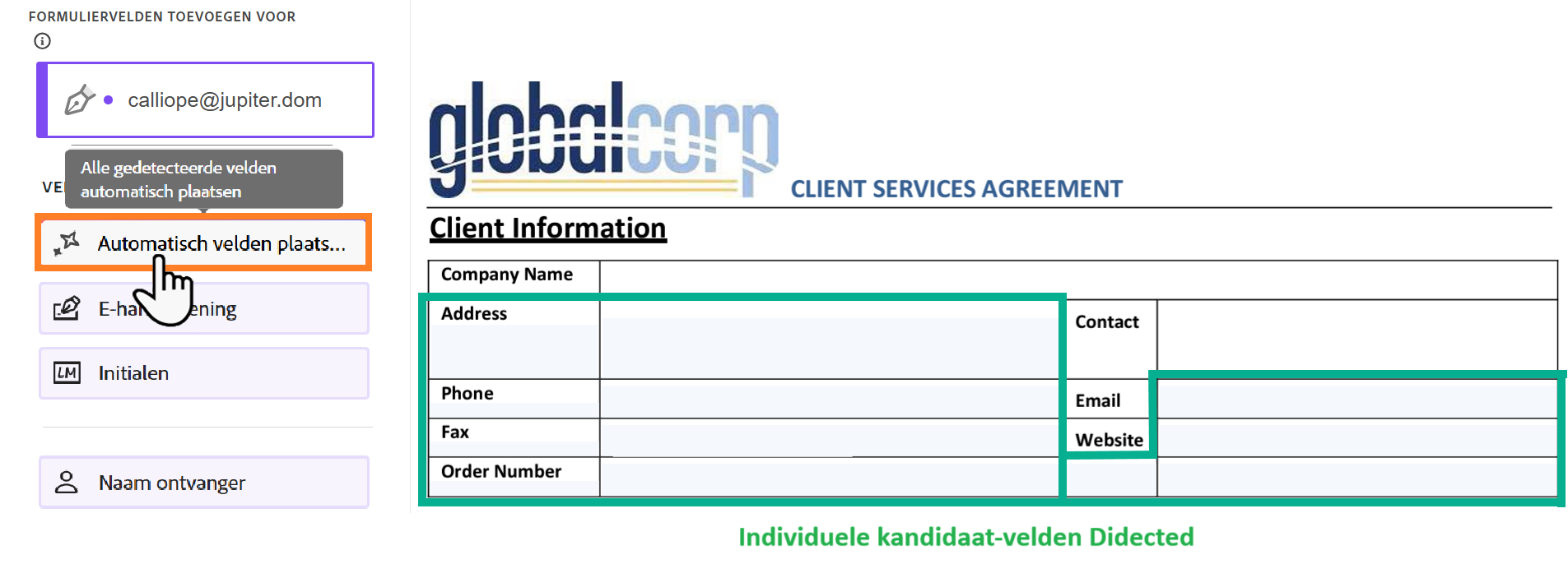 De authoringomgeving markeert de knop Automatisch invullen en enkele potentiële velden.