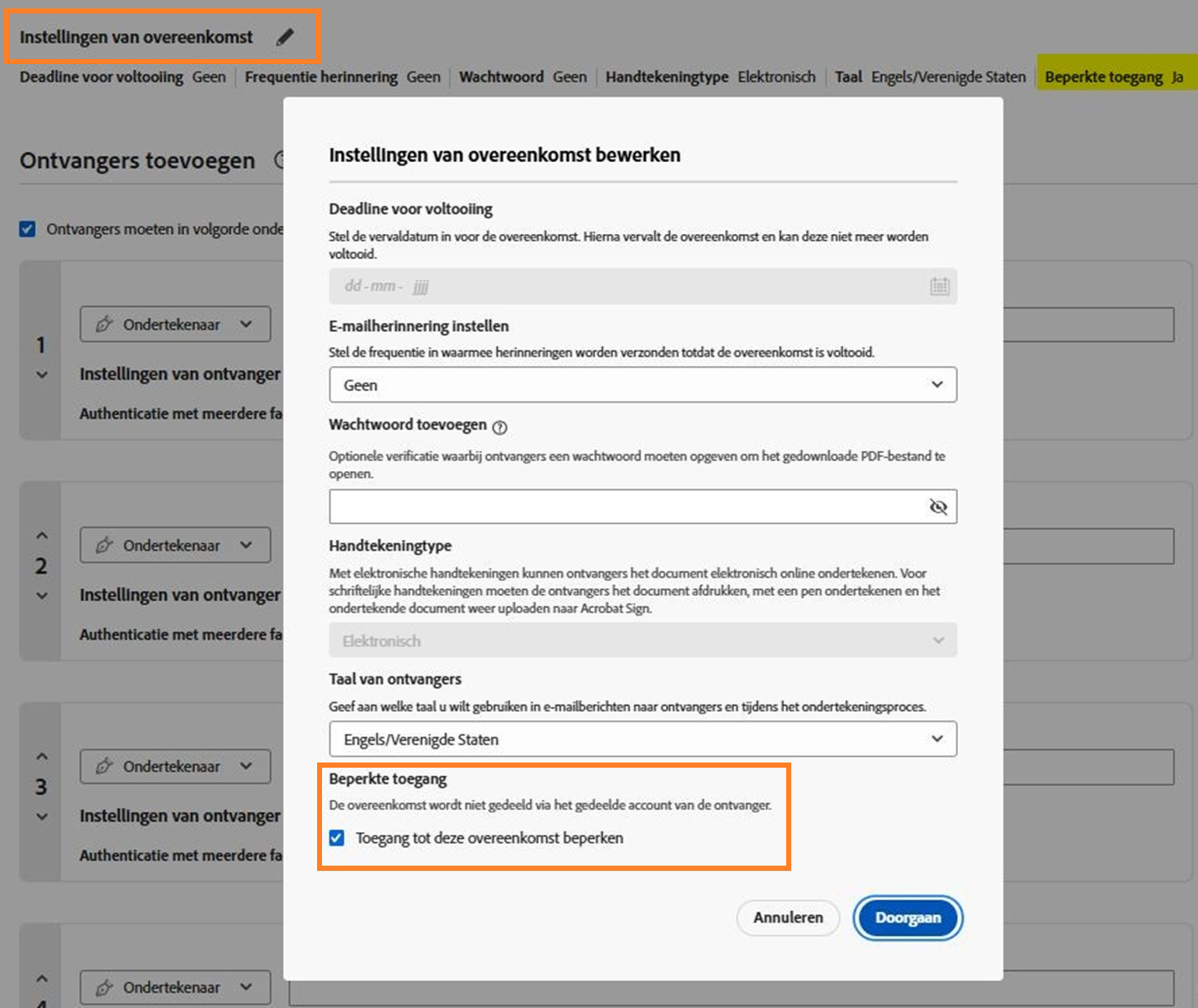 De afzendersweergave van de overeenkomstinstellingen, met de optie om de regels voor de beperkte overeenkomst in of uit te schakelen gemarkeerd.