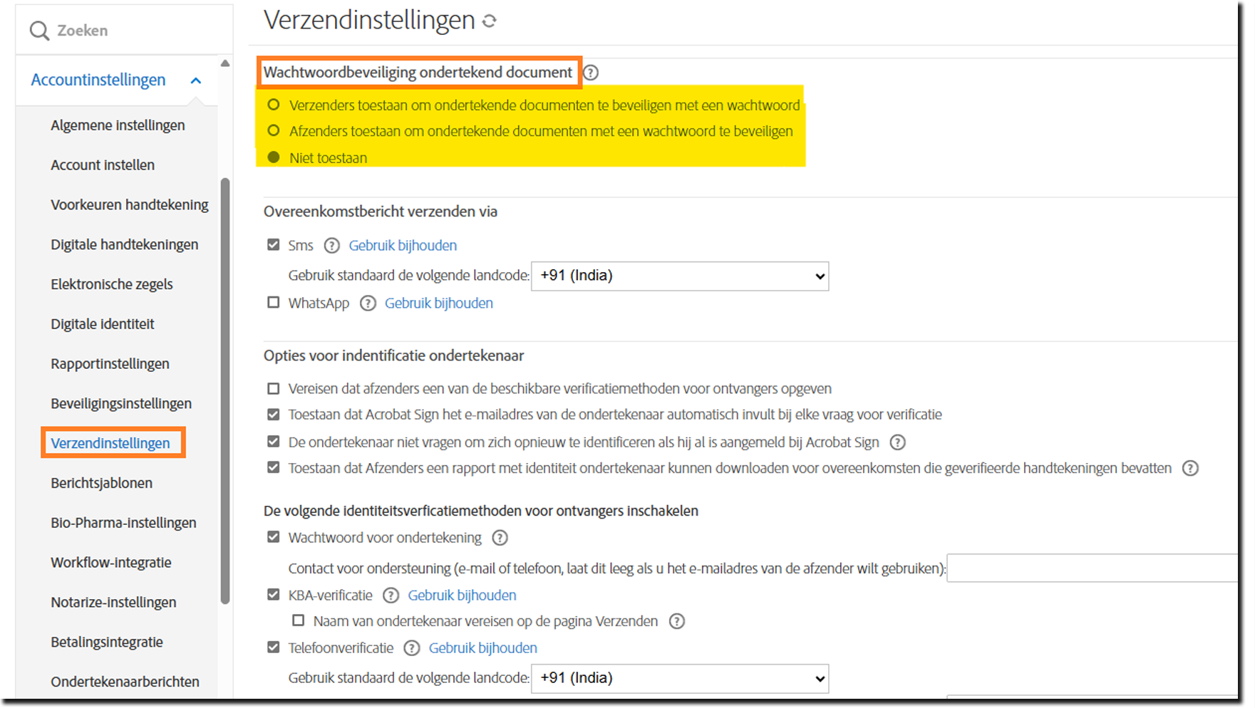 Het menu Verzendinstellingen in Admin Control met de besturingselementen voor 'Wachtwoordbeveiliging ondertekend document' gemarkeerd.