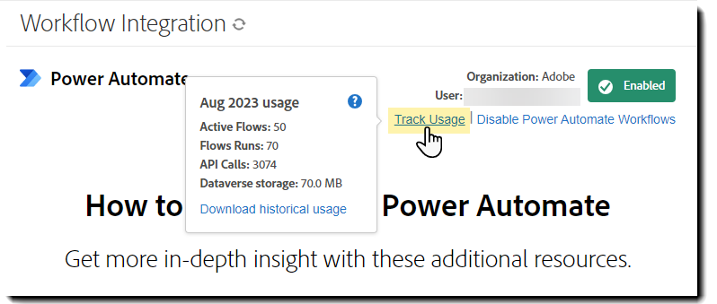 Power Automate-pagina met de koppeling Gebruik bijhouden gemarkeerd en de gebruikspop-out