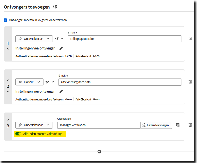 De sectie Ontvanger toevoegen onder Handtekeningen aanvragen met een groepsontvanger met de schakelaar Alle leden moeten voltooien gemarkeerd.