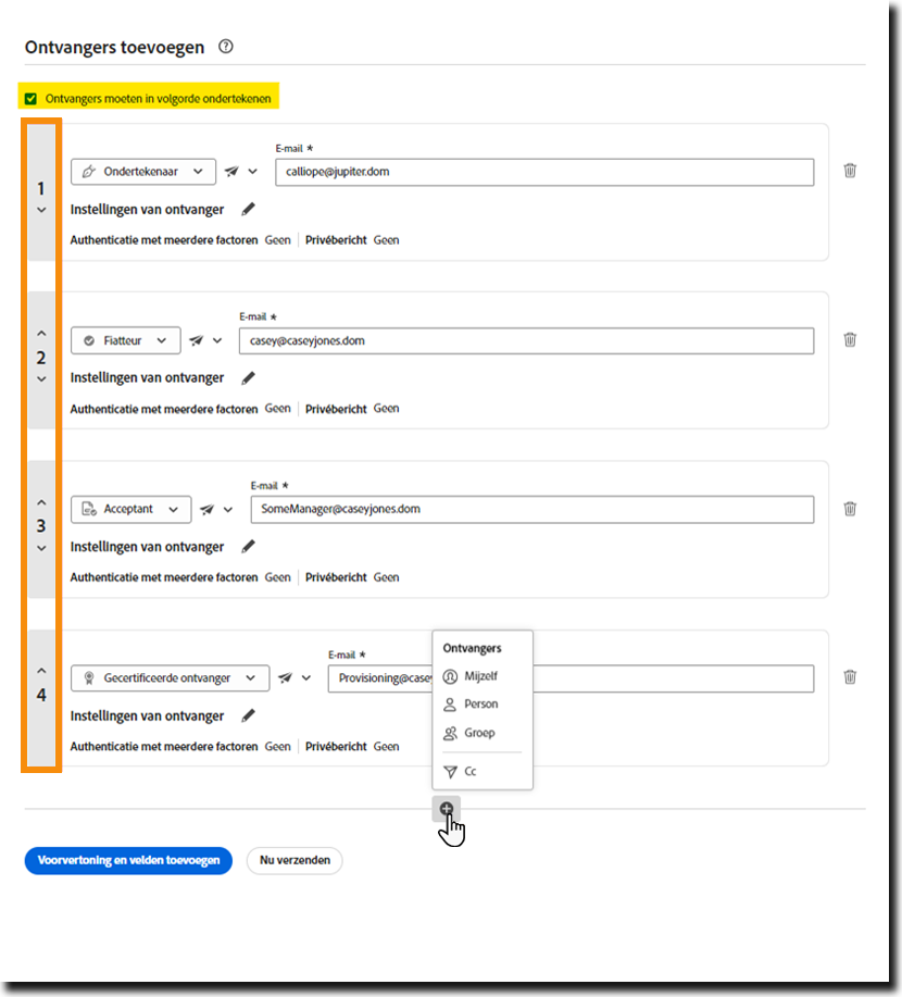 Configuratie van parallelle ondertekening op de verzendpagina met het ingeschakelde besturingselement Ontvangers moeten in volgorde ondertekenen gemarkeerd en de indexnummers van de ontvangers geïdentificeerd.