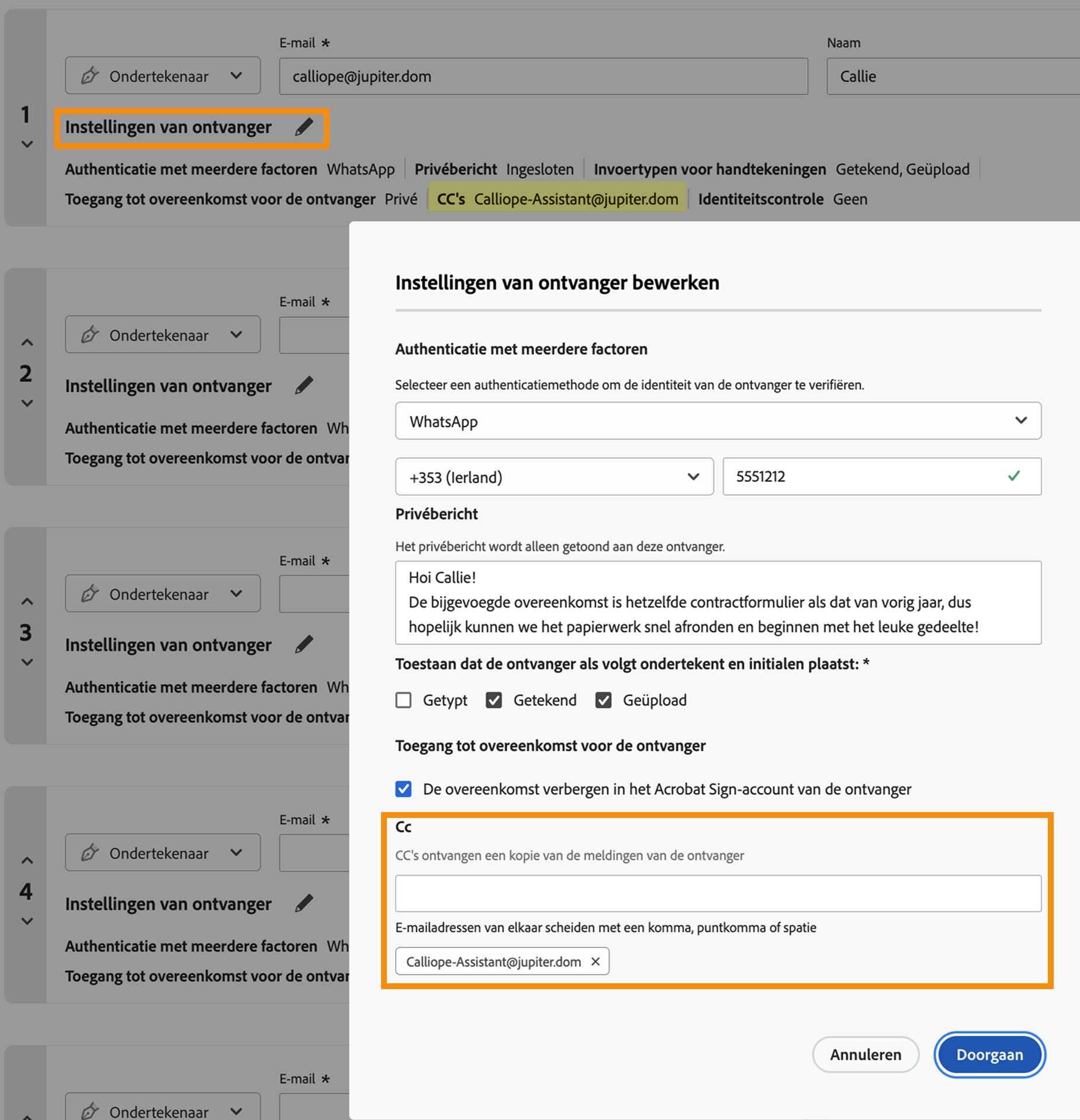 Het menu Instellingen voor ontvangers met gekoppelde besturingselementen voor partijen in CC gemarkeerd.