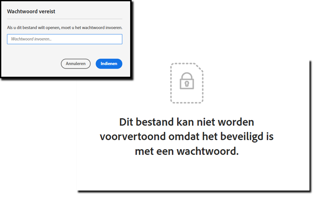 Een voorbeeld van het deelvenster met een wachtwoordverzoek en de resulterende fout als er geen wachtwoord is opgenomen.