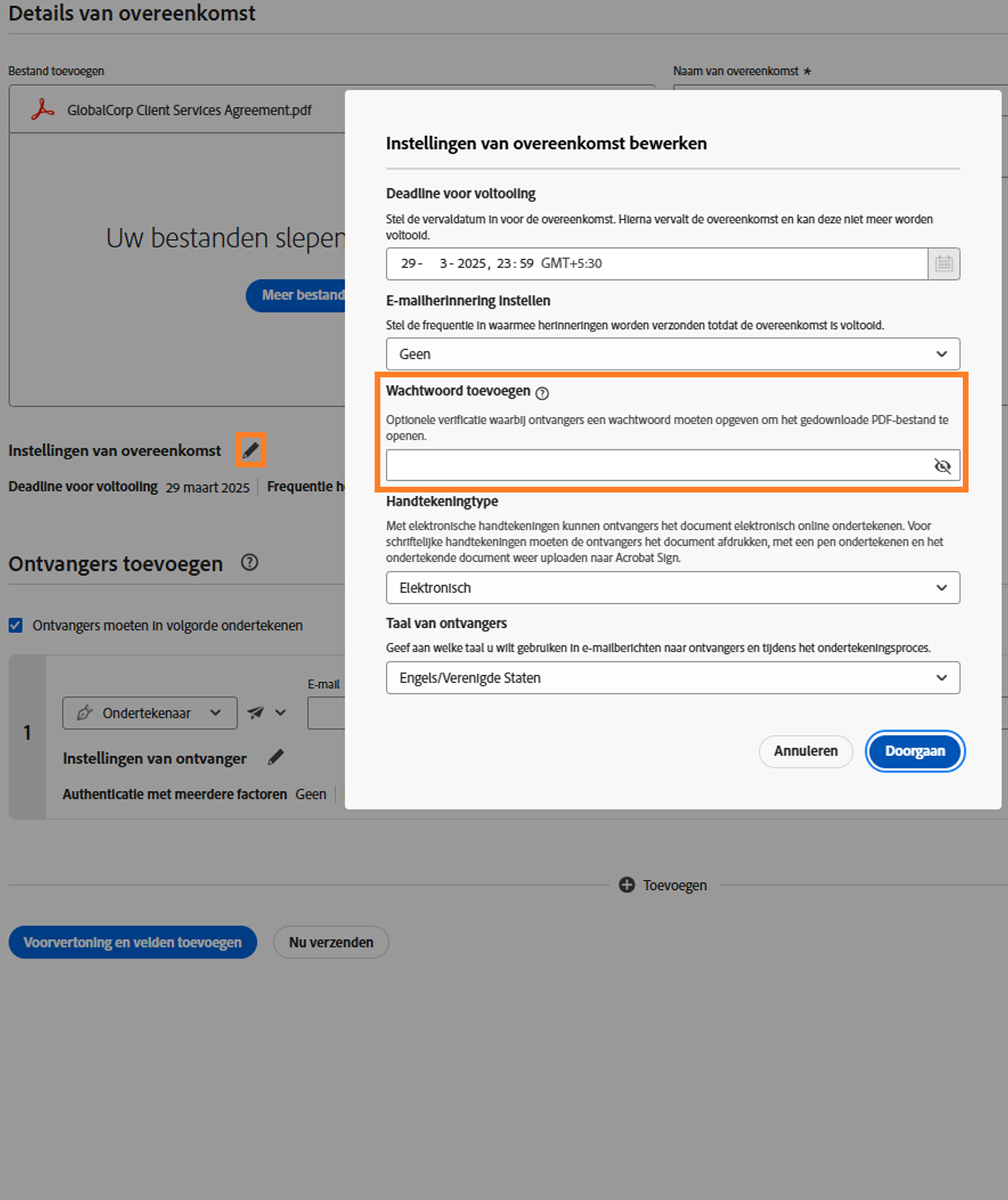 Een weergave van de pagina Vragen om handtekening met de wachtwoordcontrole gemarkeerd.