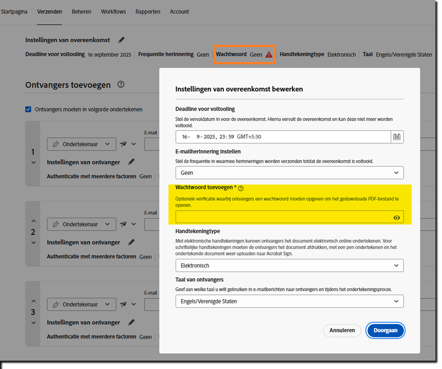 Een weergave van de pagina 'Vragen om handtekening' met de vereiste wachtwoordcontrole gemarkeerd.