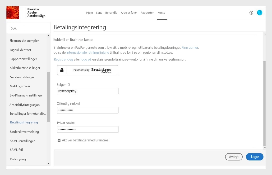 Betalingsintegreringssiden i Acrobat Signs kontoinnstillinger vises. Du må angi og lagre opplysningene om selgeren for å aktivere innhenting av elektronisk betaling.
