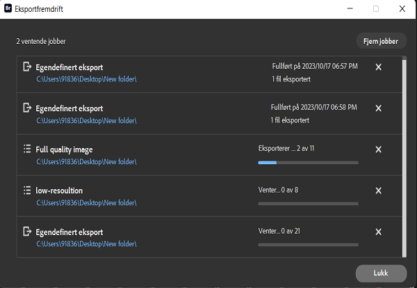 Vis fremdriften til eksportjobbene i vinduet Eksportfremdrift. 