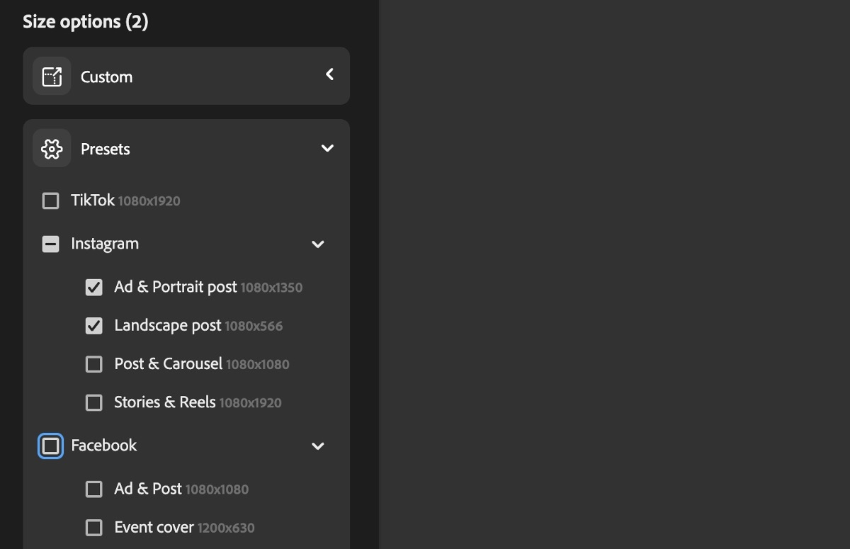 Alternativet Egendefinert er valgt, og det finnes flere forhåndsinnstillinger å velge mellom.