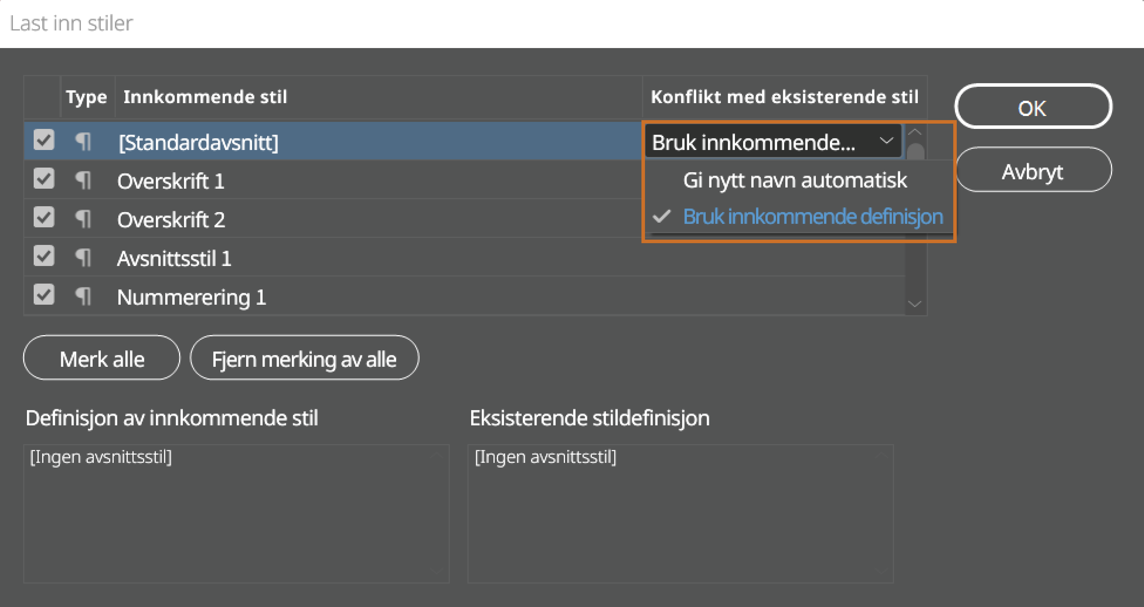 Dialogboksen Last inn stiler