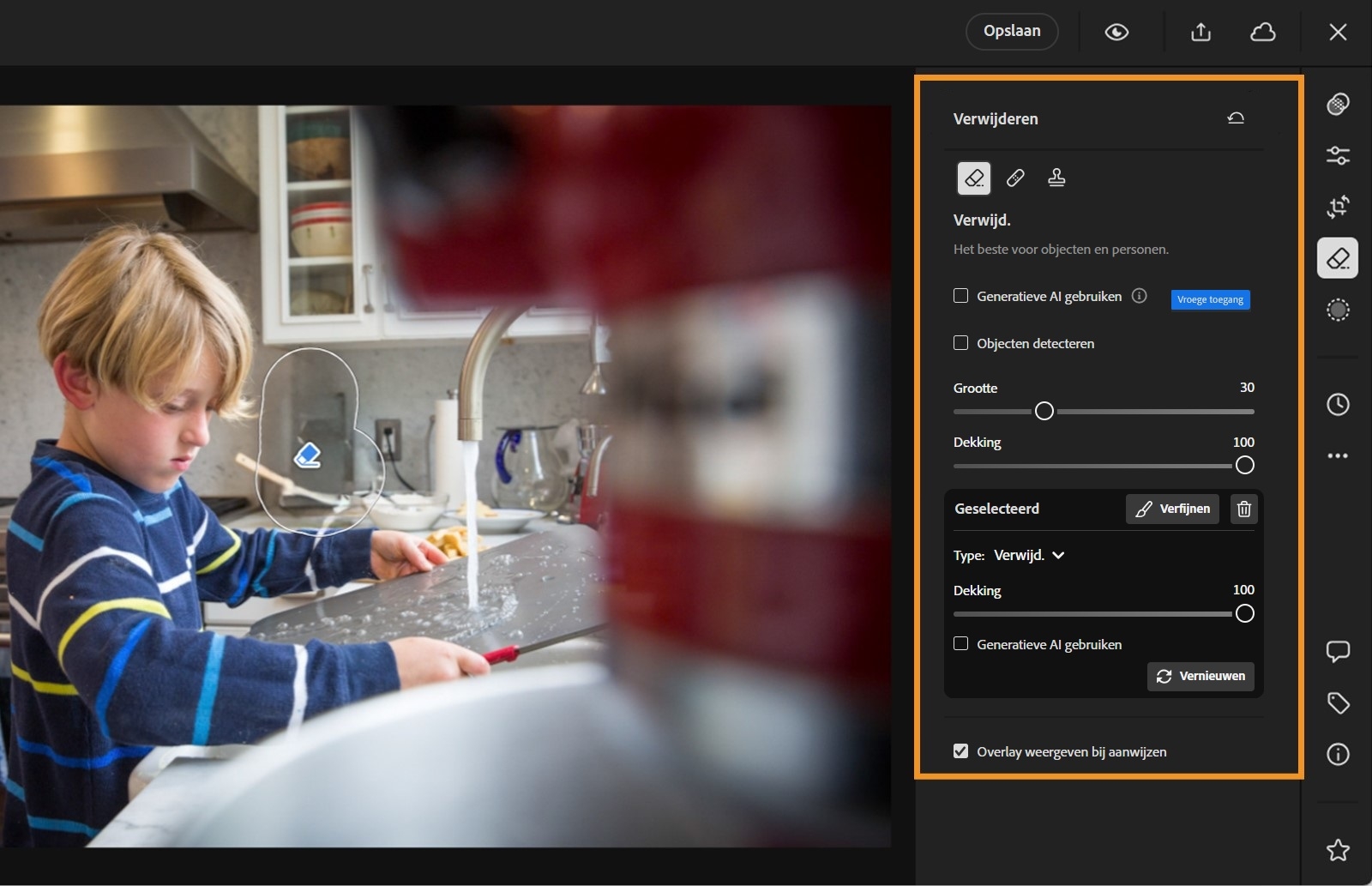 Fjern-verktøypanelet utheves med klone- og reparasjonsikoner. Avkrysningsbokser for Generativ kunstig intelligens og Objekttilpasset vises. Glidebryteren for størrelse er justert til 29 og glidebryteren for ugjennomsiktighet til 100.