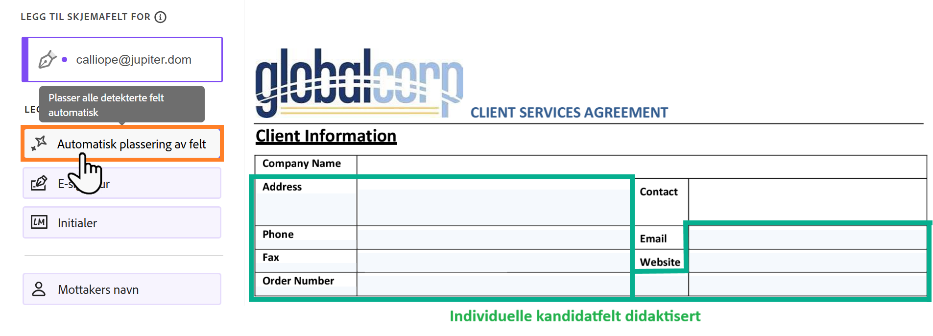 Redigeringsmiljøet uthever AutoFill-knappen og flere kandidatfelt.