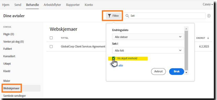 Kontroller filteret for å vise et webskjema