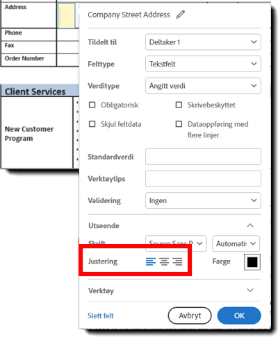 Skriftjustering for tekstfelt