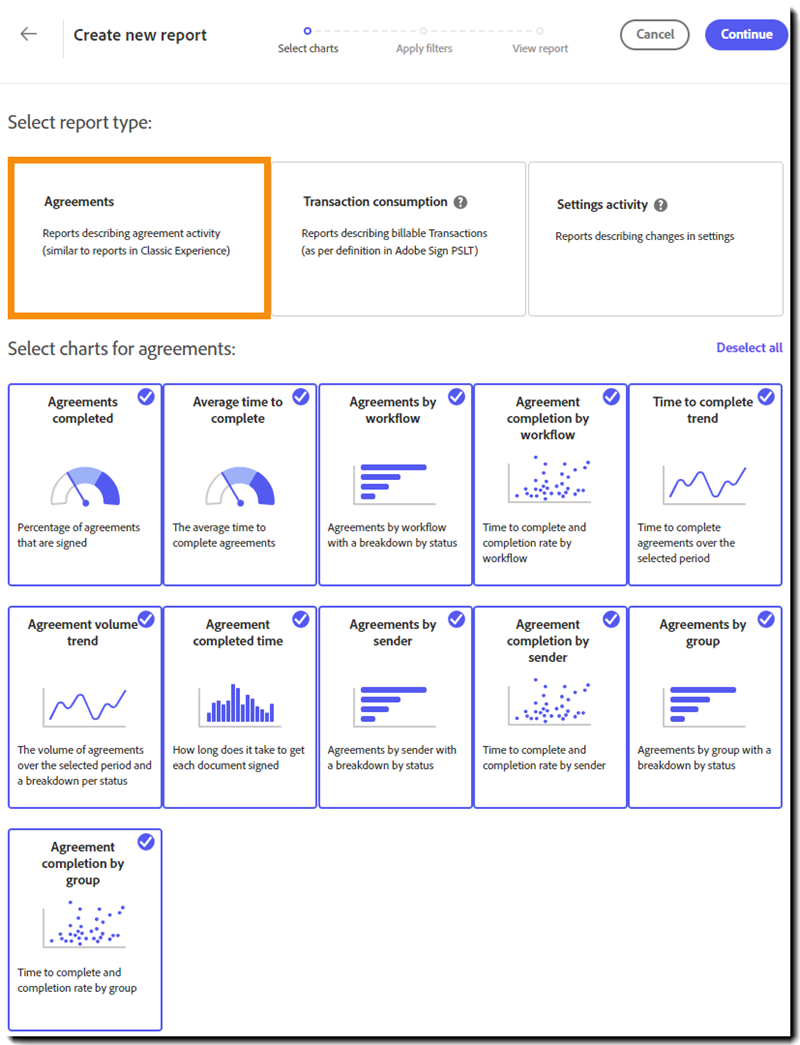 Rapporter-velgersiden åpnes med avtalerapporter utvidet