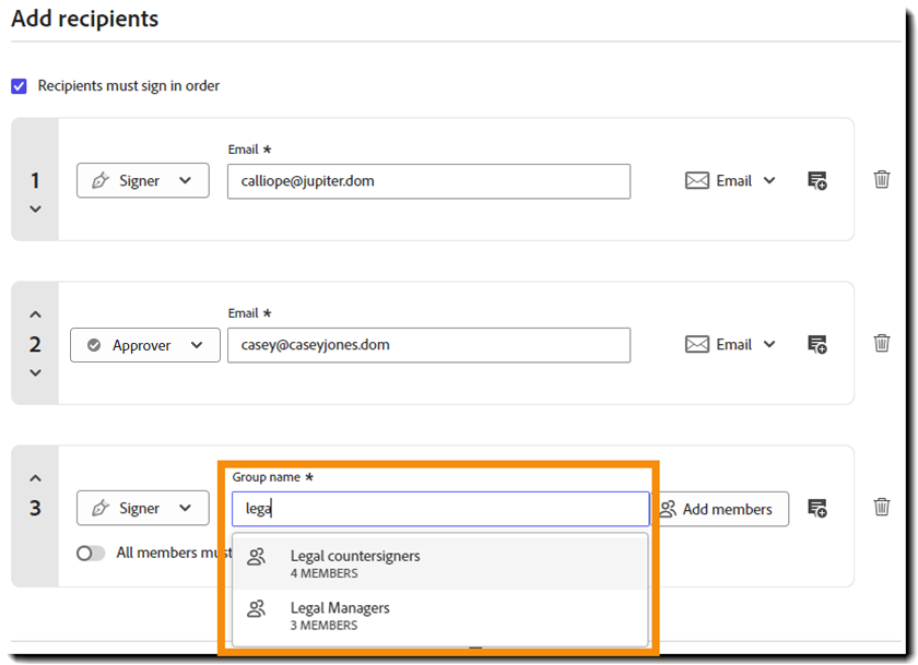 Delen «Legg til mottaker» i Be om signaturer med et gruppenavn lagt til og resultatlisten med grupper vist.