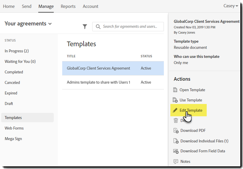 Rediger-koblinger på Behandle-side