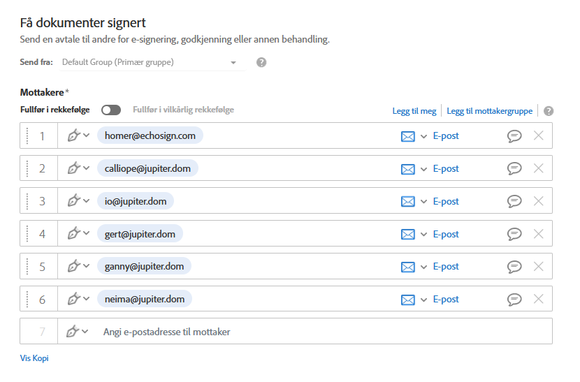 Seks mottakere konfigurert for en avtale