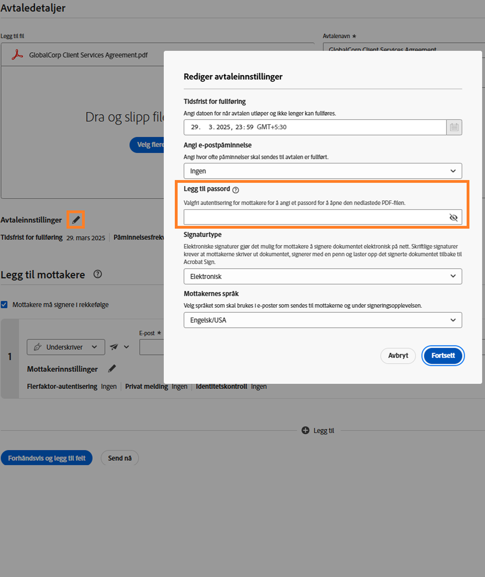 En visning av siden Be om signatur som uthever passordkontrollen.