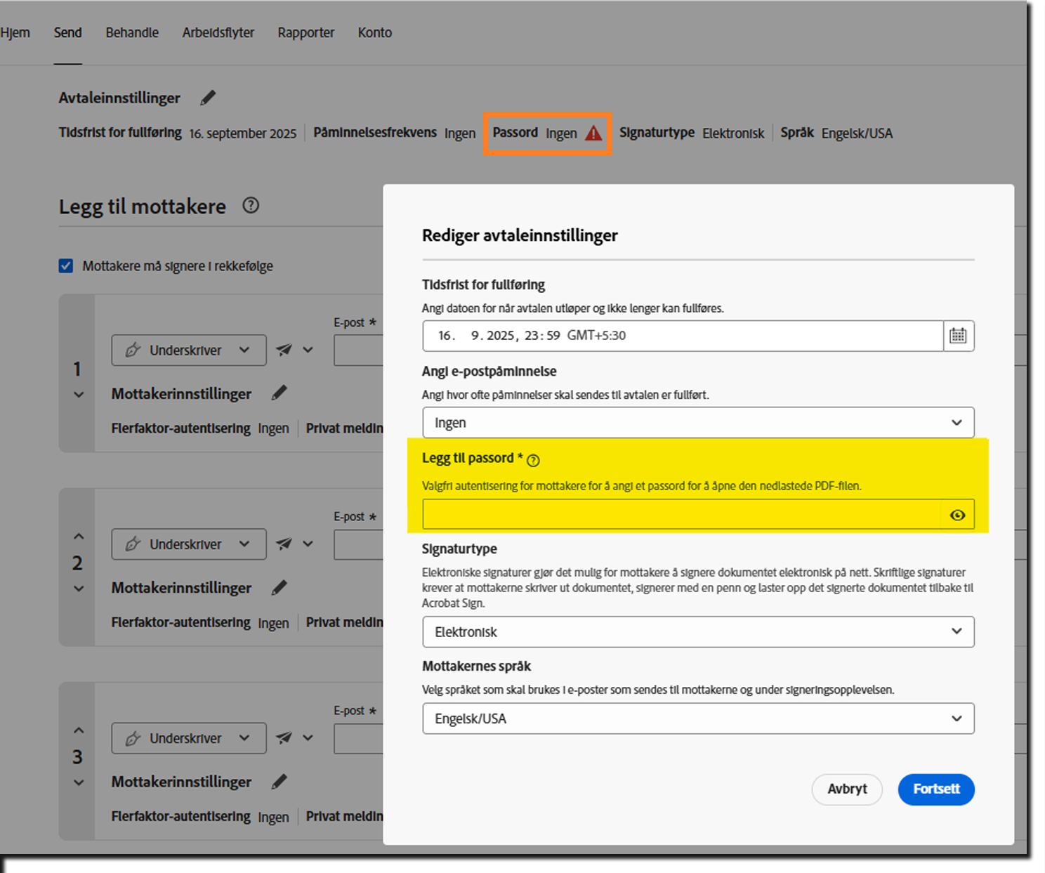 En visning av siden Be om signatur som uthever den nødvendige passordkontrollen.