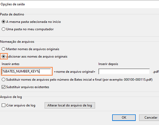 Adicionar número de Bates ao nome do arquivo