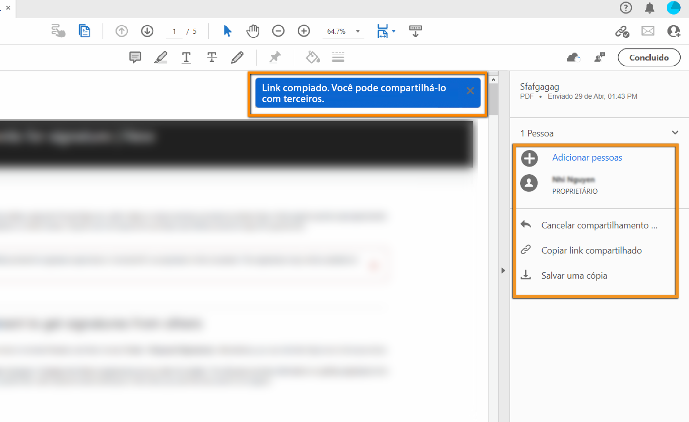 Compartilhar o link criado com outros destinatários