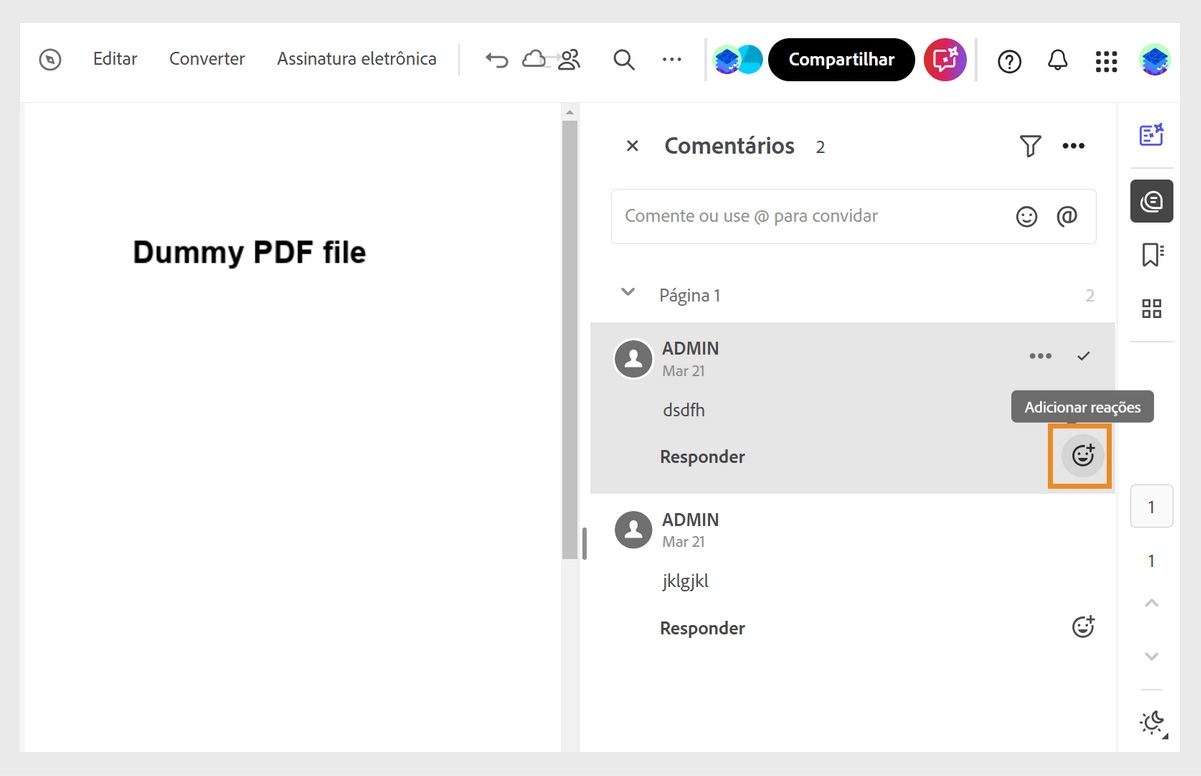 Um documento será aberto no modo de revisão com um painel de comentários à direita. A ferramenta Adicionar reações é destacada.