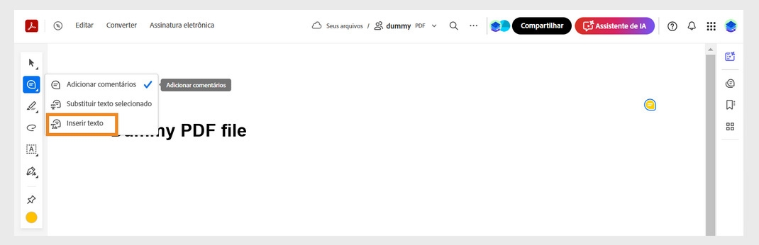 A ferramenta Adicionar comentário na barra de ferramentas Ações rápidas é selecionada e a ferramenta “Inserir texto” é destacada.