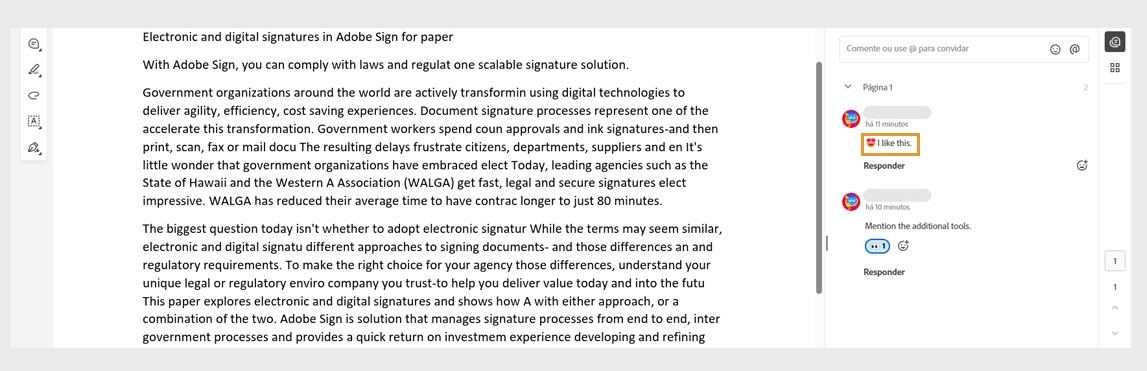 O painel de comentários exibe comentários com reações de emojis e reações aos comentários.
